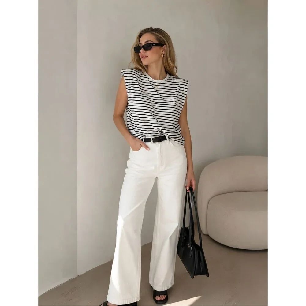 SHEIN Women’s Striped Padded Shoulder Top T-shirt Black White Oversized Sz 2/ XS
